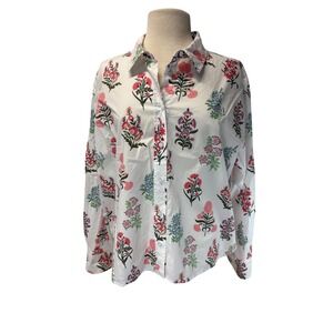 Talbots Button Down Shirt Womens XL White Floral Block Print Cotton Long Sleeve